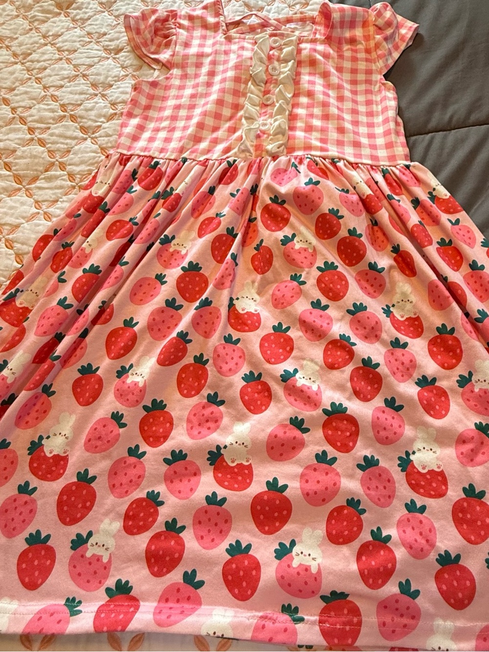 Girls Pink Strawberry Gingham Dress with Ruffle Trim